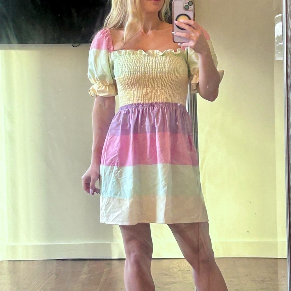 Olivia Rubin Emilie Pastel Rainbow Smocked Mini Dress 0
